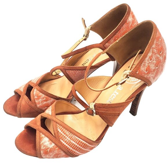 Italy A.Testoni Women's Size 6.5 Salmon pink lizard ostrich Open Toe Heels shoes - Picture 11 of 12